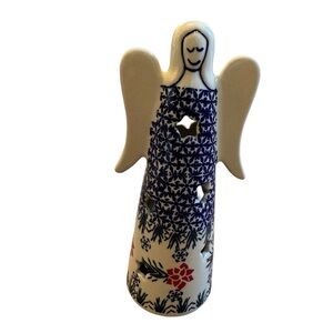 Vintage Polish Pottery Angel Tealight Figurine Snowflake Winter Pattern Poland